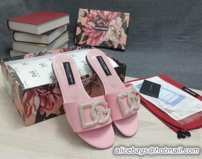 Fashion Dolce & Gabbana Patent Leather Crystal DG Flat Slide Sandals Light Pink 030563