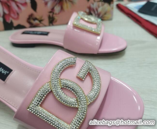 Fashion Dolce & Gabbana Patent Leather Crystal DG Flat Slide Sandals Light Pink 030563