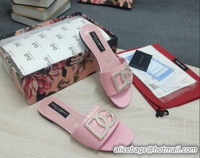 Fashion Dolce & Gabbana Patent Leather Crystal DG Flat Slide Sandals Light Pink 030563