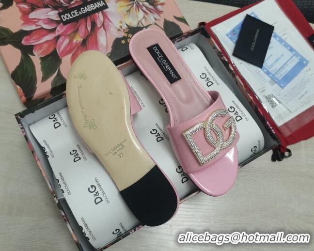 Fashion Dolce & Gabbana Patent Leather Crystal DG Flat Slide Sandals Light Pink 030563