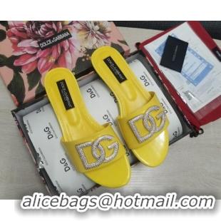 Best Price Dolce & Gabbana Patent Leather Crystal DG Flat Slide Sandals Yellow 030564