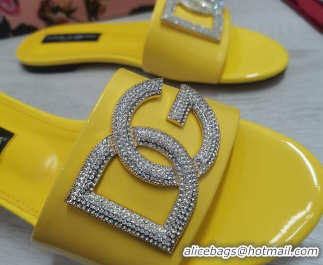 Best Price Dolce & Gabbana Patent Leather Crystal DG Flat Slide Sandals Yellow 030564