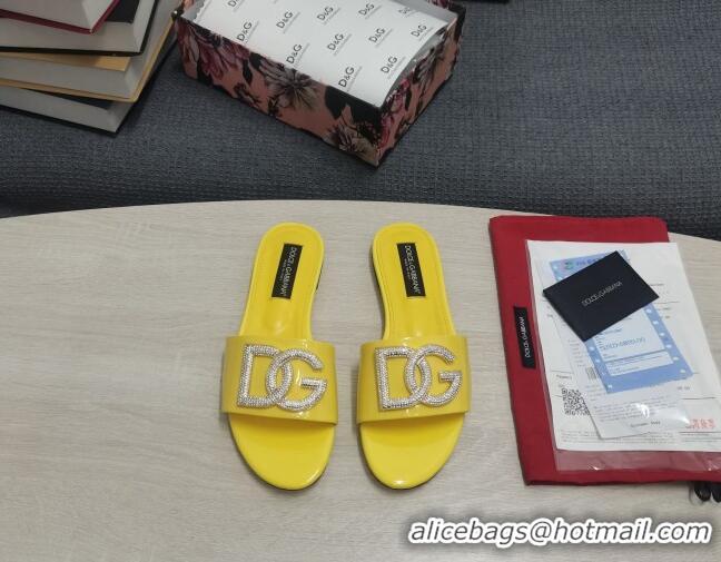 Best Price Dolce & Gabbana Patent Leather Crystal DG Flat Slide Sandals Yellow 030564