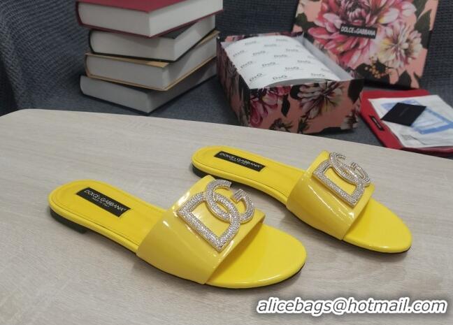 Best Price Dolce & Gabbana Patent Leather Crystal DG Flat Slide Sandals Yellow 030564