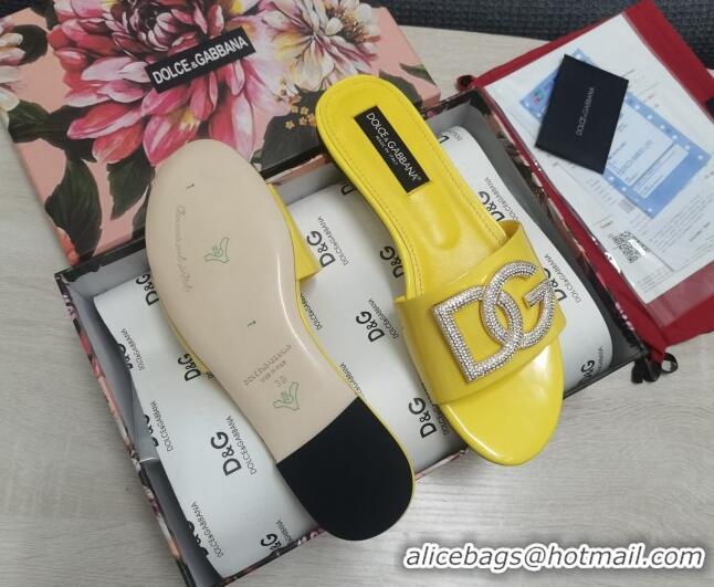 Best Price Dolce & Gabbana Patent Leather Crystal DG Flat Slide Sandals Yellow 030564