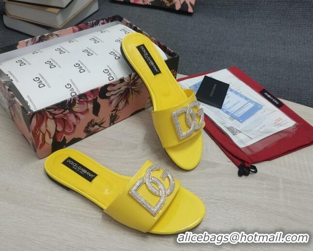 Best Price Dolce & Gabbana Patent Leather Crystal DG Flat Slide Sandals Yellow 030564