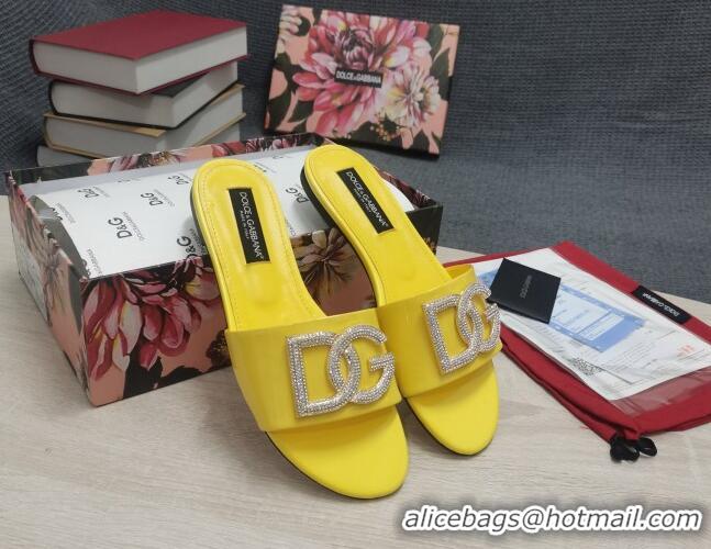 Best Price Dolce & Gabbana Patent Leather Crystal DG Flat Slide Sandals Yellow 030564