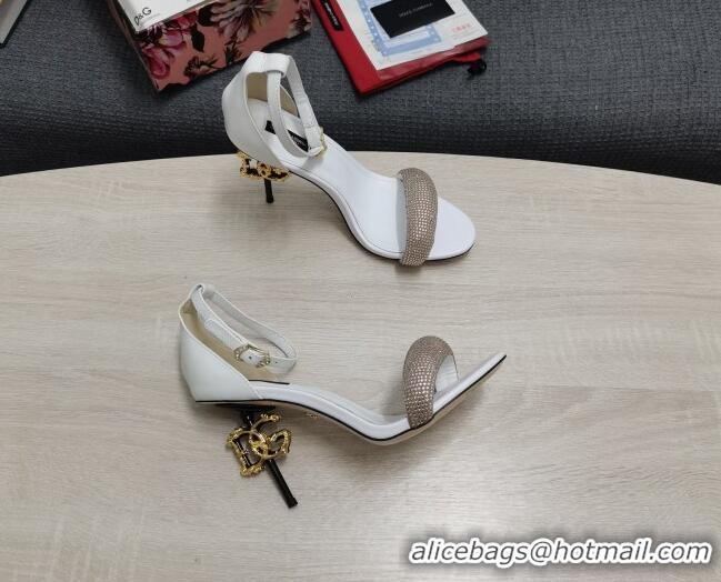 Best Grade Dolce & Gabbana DG Calf Leather and Crystal High Heel Sandals White 10.5cm 030755