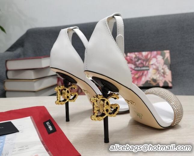 Best Grade Dolce & Gabbana DG Calf Leather and Crystal High Heel Sandals White 10.5cm 030755