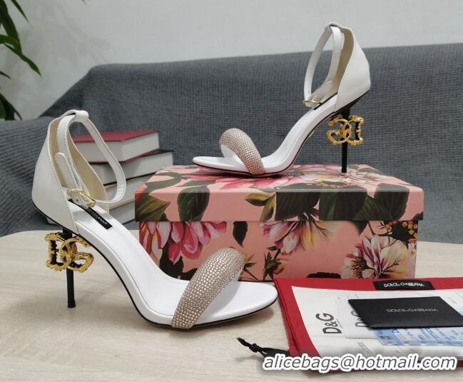 Best Grade Dolce & Gabbana DG Calf Leather and Crystal High Heel Sandals White 10.5cm 030755