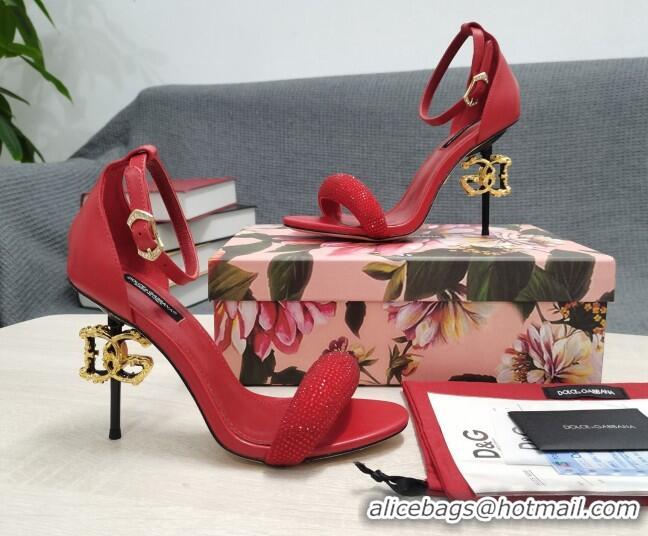 Discount Dolce & Gabbana DG Calf Leather and Crystal High Heel Sandals Red 10.5cm 030759