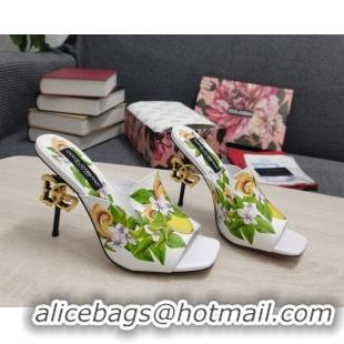 Luxury Dolce & Gabbana DG Print Calf Leather High Heel Slide Sandals White 10.5cm 030760