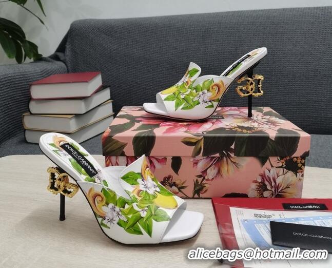 Luxury Dolce & Gabbana DG Print Calf Leather High Heel Slide Sandals White 10.5cm 030760