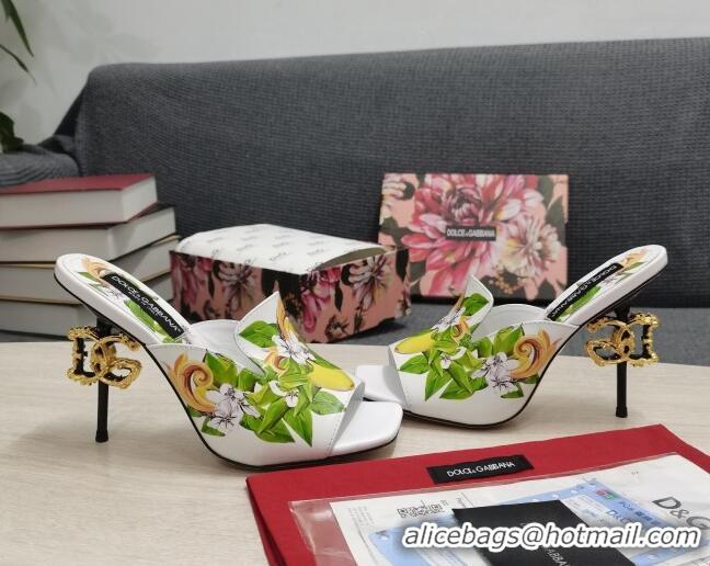 Luxury Dolce & Gabbana DG Print Calf Leather High Heel Slide Sandals White 10.5cm 030760