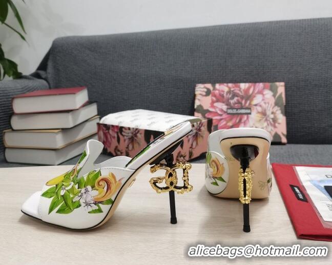 Luxury Dolce & Gabbana DG Print Calf Leather High Heel Slide Sandals White 10.5cm 030760