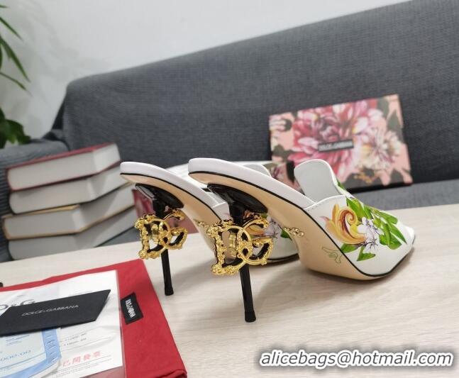 Luxury Dolce & Gabbana DG Print Calf Leather High Heel Slide Sandals White 10.5cm 030760