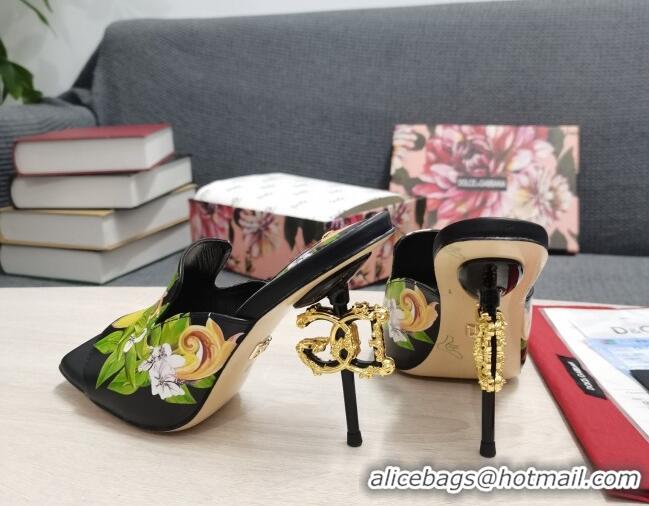 Good Quality Dolce & Gabbana DG Print Calf Leather High Heel Slide Sandals Black 10.5cm 030761 