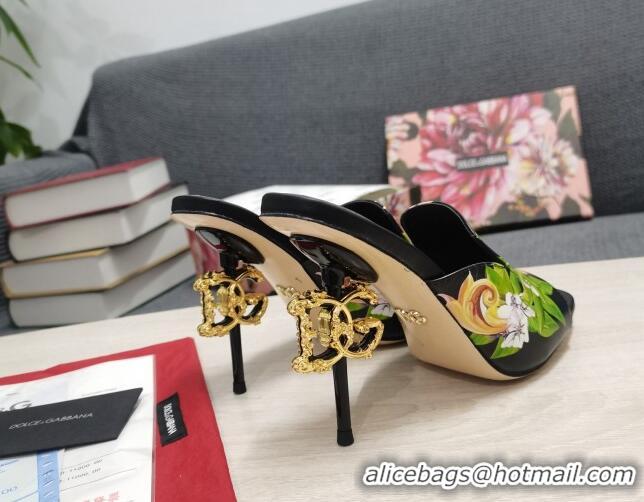 Good Quality Dolce & Gabbana DG Print Calf Leather High Heel Slide Sandals Black 10.5cm 030761 