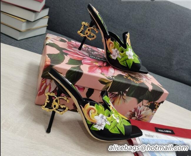 Good Quality Dolce & Gabbana DG Print Calf Leather High Heel Slide Sandals Black 10.5cm 030761 