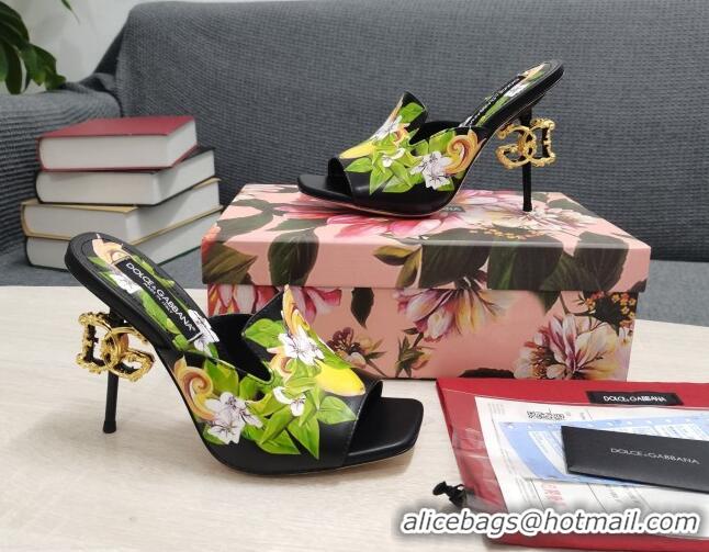 Good Quality Dolce & Gabbana DG Print Calf Leather High Heel Slide Sandals Black 10.5cm 030761 