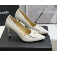 Best Luxury Chanel Vintage Buckle Calfskin High Heel Pumps 8cm 021518 White