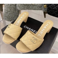 Good Quality Popular Chanel Quilted Lambskin Heel Slide Sandals 6cm G38820 Beige