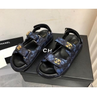 Low Price Chanel Quilted Fabric Strap Flat Sandals 021528 Blue