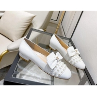 Top Grade Chanel Lambskin Loafers with Pearl and Bow 021546 White