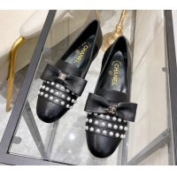 Popular Style Chanel Lambskin Loafers with Pearl and Bow 021546 Black