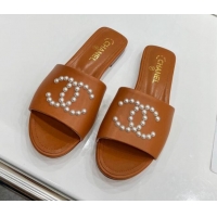 Best Price Chanel Pearly CC Leather Flat Slide Sandals 021552 Brown