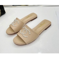 Charming Chanel Pearly CC Leather Flat Slide Sandals 021552 Beige