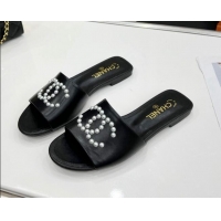 Low Cost Chanel Pearly CC Leather Flat Slide Sandals 021555 Black