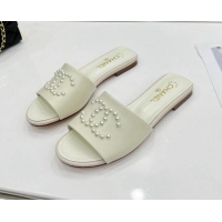 Affordable Price Chanel Pearly CC Leather Flat Slide Sandals 021555 White