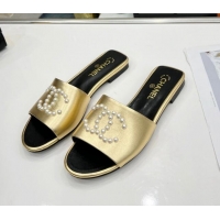 Stylish Chanel Pearly CC Leather Flat Slide Sandals 021555 Gold