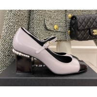 Duplicate Chanel Shiny Calfskin Pearl Heel Mary Janes Pumps 7.5cm 021575 Light Purple