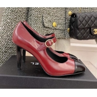 Elegant Chanel Shiny Calfskin High Heel Mary Janes Pumps 8.5cm 021583 Burgundy