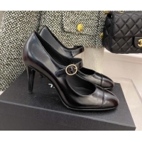 Top Quality Chanel Shiny Calfskin High Heel Mary Janes Pumps 8.5cm 021583 Black