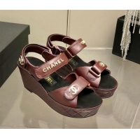 Best Luxury Chanel Leather Wedge Sandals 021820 Burgundy