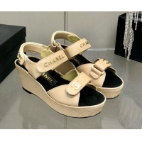 Discount Chanel Leather Wedge Sandals 021820 Beige