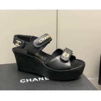 Classic Practical Chanel Leather Wedge Sandals 021820 Black