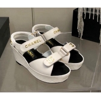 Best Price Chanel Leather Wedge Sandals 021820 White