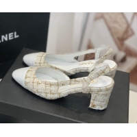 Good Quality Chanel Tweed Slingback Pumps 6.5cm G31318 White