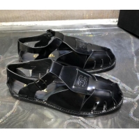 AAAAA Chanel Shiny Leather Roman Flat Sandals 030416 Black