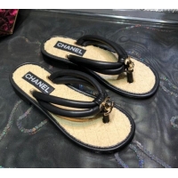 Fashion Chanel Leather Thong Flat Sandals 030418 Black