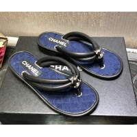 Good Product Chanel Leather Thong Flat Sandals 030419 Black/Blue