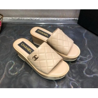 New Style Chanel Lambskin Wedge Slide Sandals 6.5cm 030423 Beige