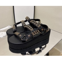 Best Grade Chanel Leather Chain Sandals G33800 Black/Gold