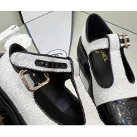 Fashion Chanel Sequins Loafers with Buckle 030442 White