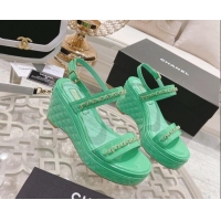 Discount Chanel Patent Leather Wedge Sandals with Chain 030451 Green