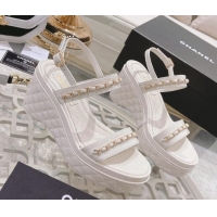 Reasonable Price Chanel Patent Leather Wedge Sandals with Chain 030451 White